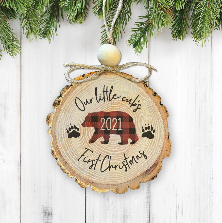 Bear Cub Baby's First Christmas Rustic Wood Slice Ornament